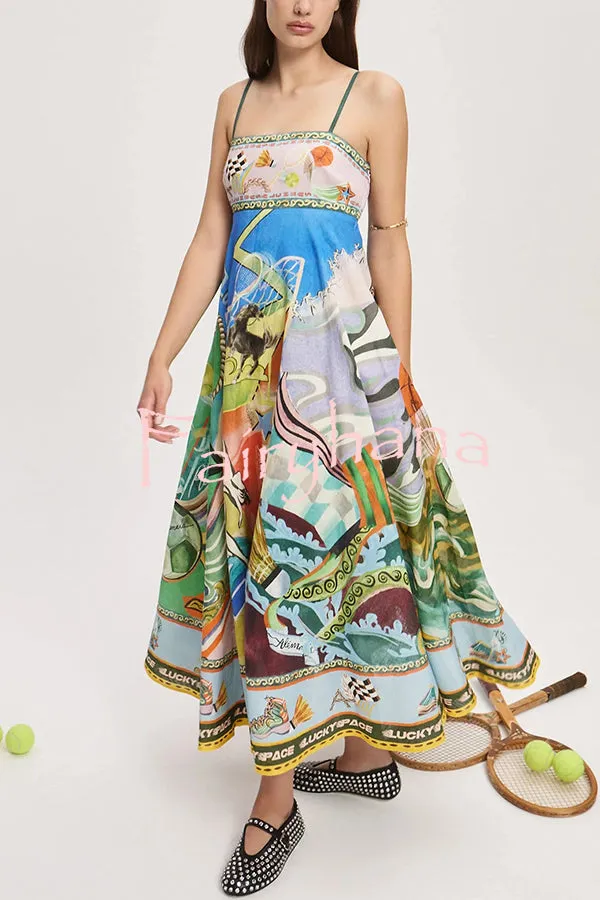 Linen Blend Unique Print Suspenders Back Pleated Pocket Resort Style Maxi Dress