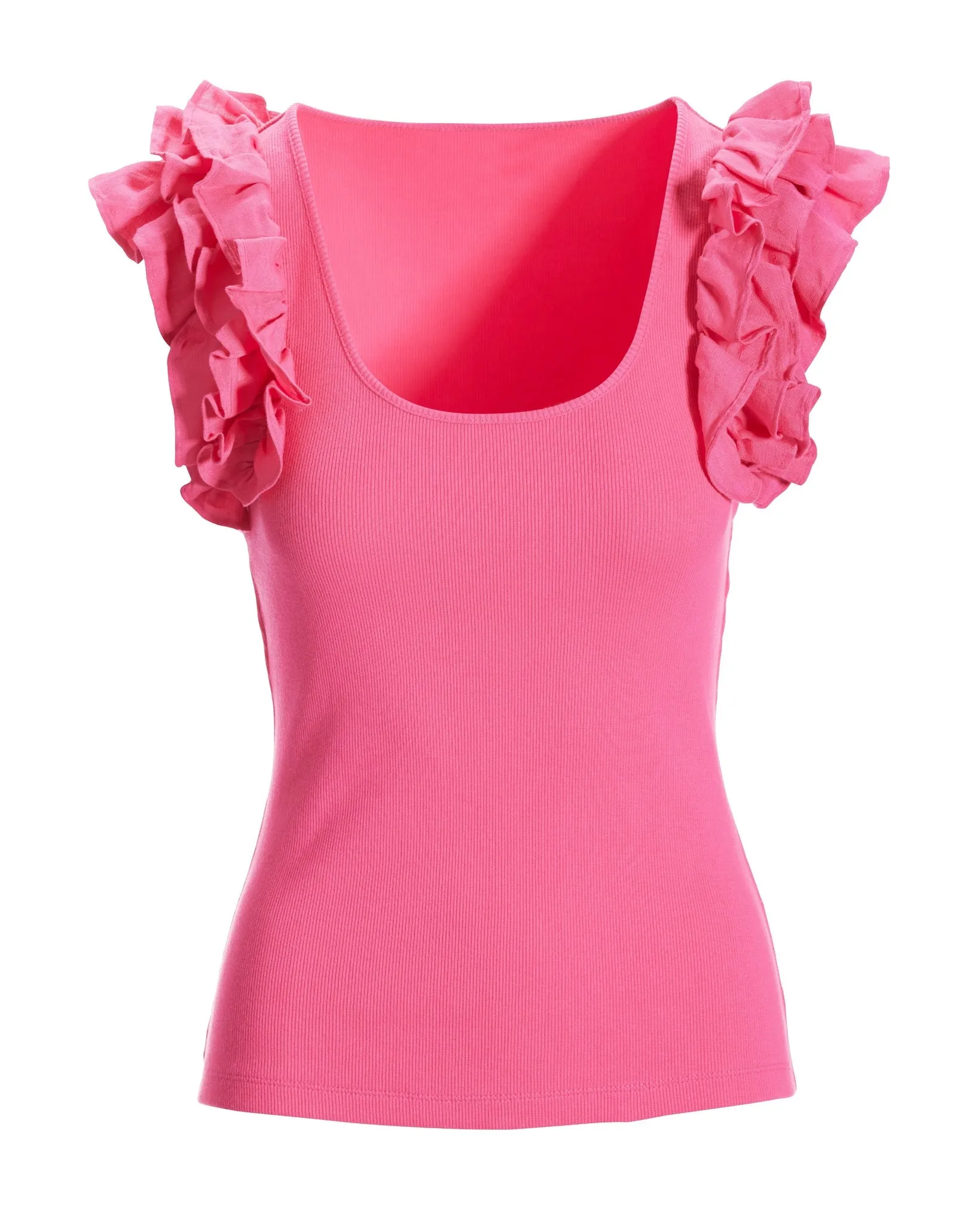 Linen Ruffle Ribbed Top Shocking Pink