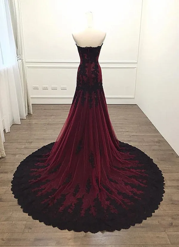 Long Sheath Sweetheart Black and Red Evening Dress