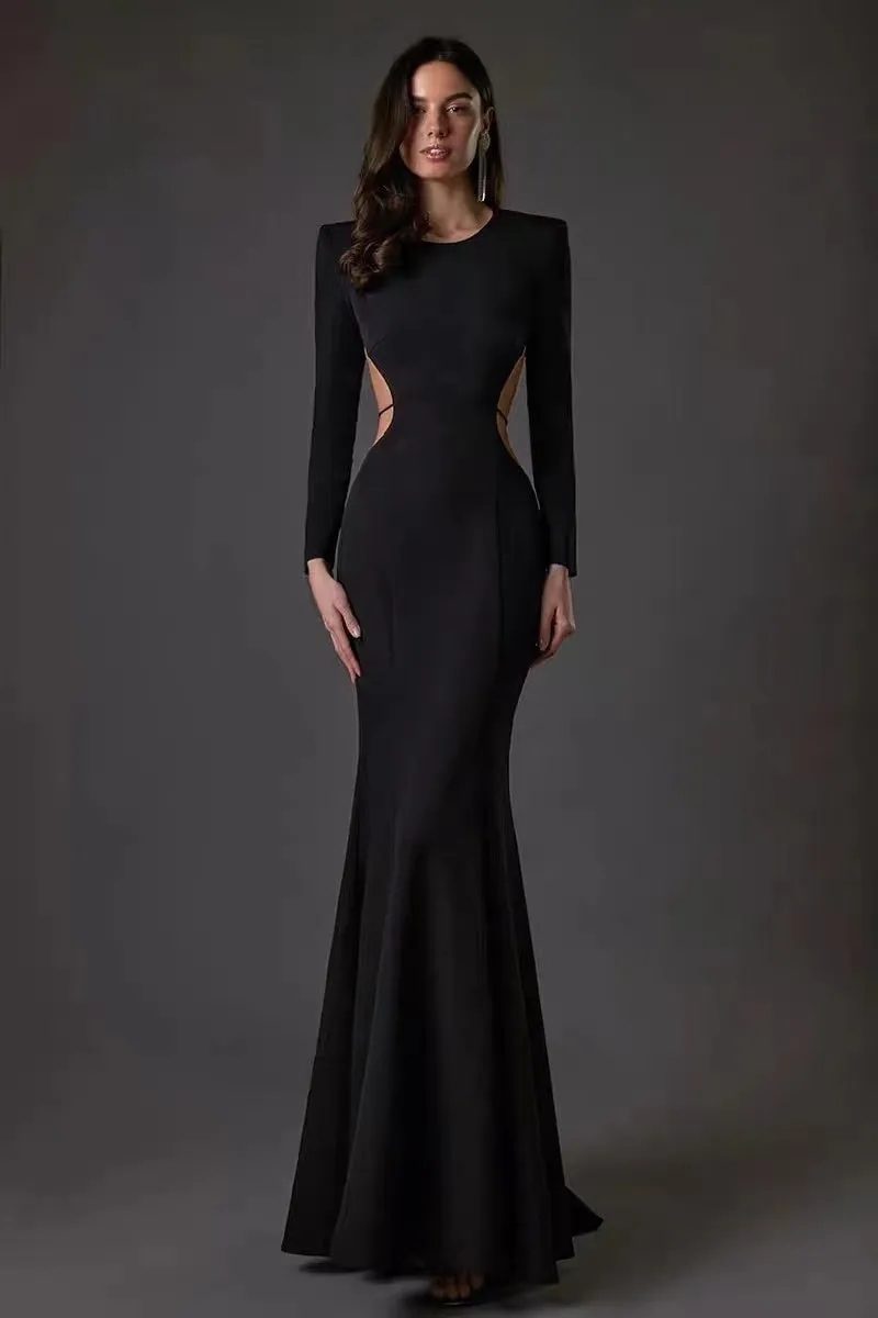 Long Sleeve Cut Out Backless Mermaid Maxi Dress In Black