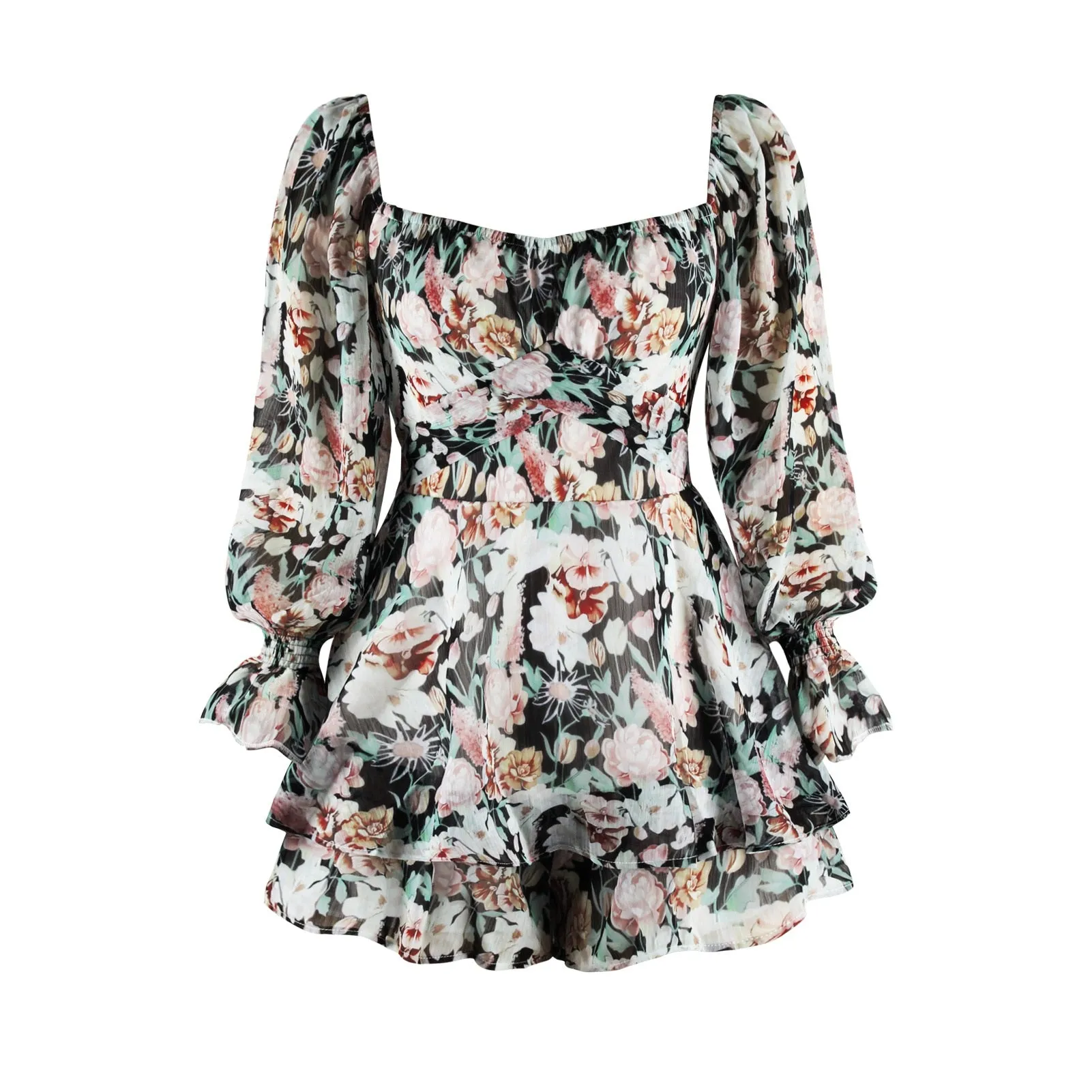 Long Sleeve Floral Print Ruffle Playsuit - multiple prints