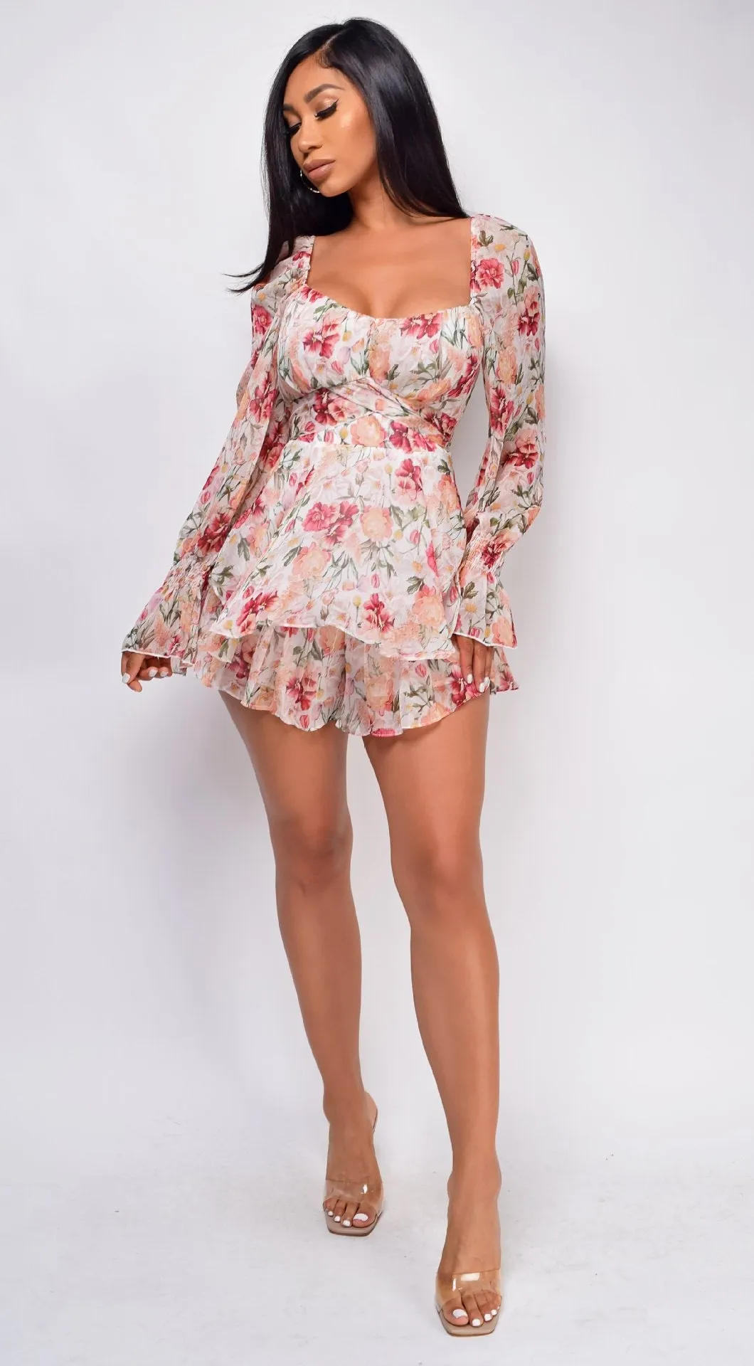Long Sleeve Floral Print Ruffle Playsuit - multiple prints