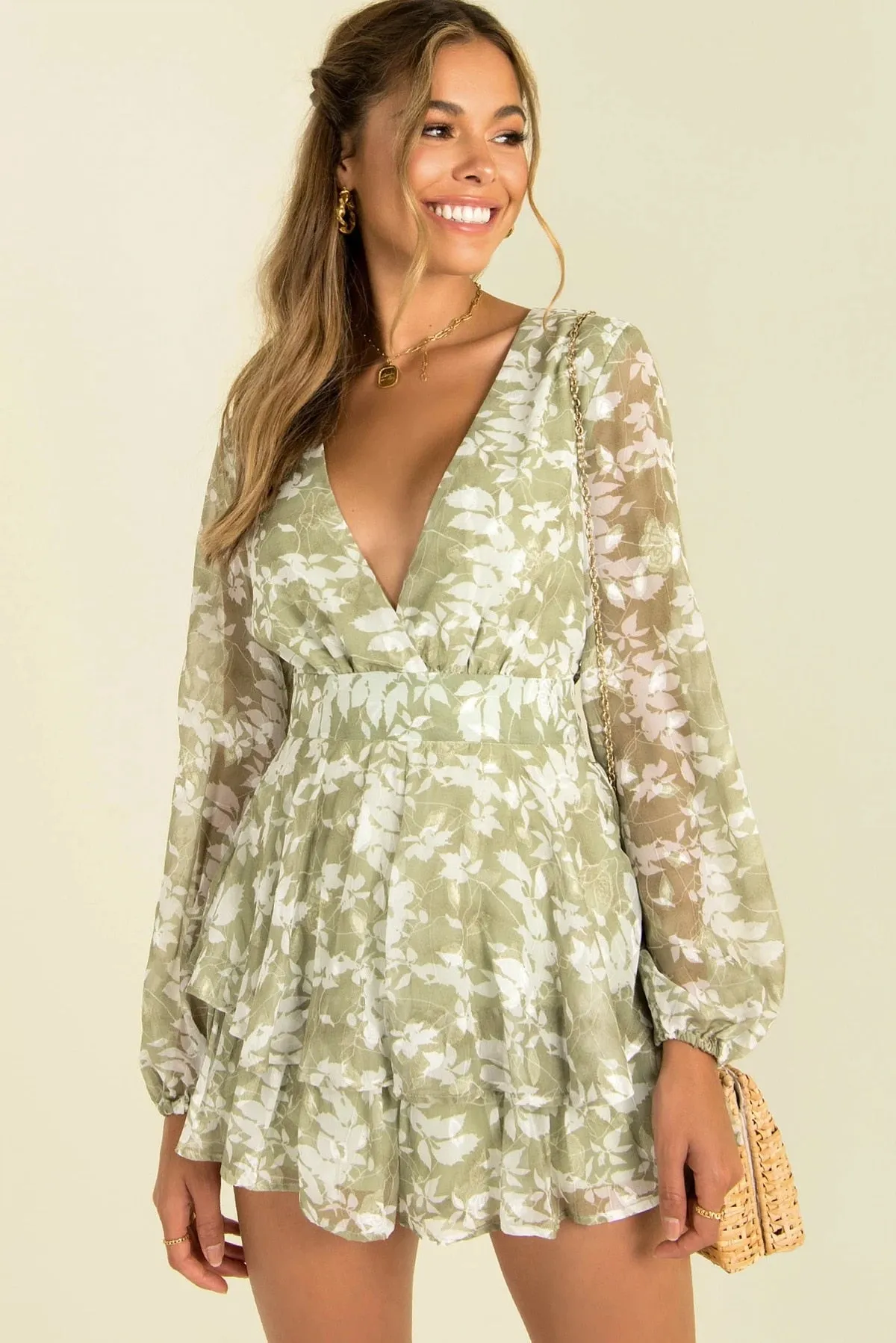 Long Sleeve Floral Print Ruffle Playsuit - multiple prints