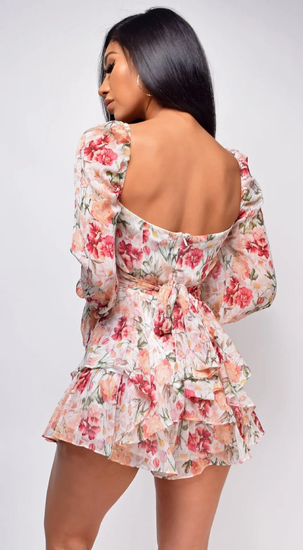 Long Sleeve Floral Print Ruffle Playsuit - multiple prints