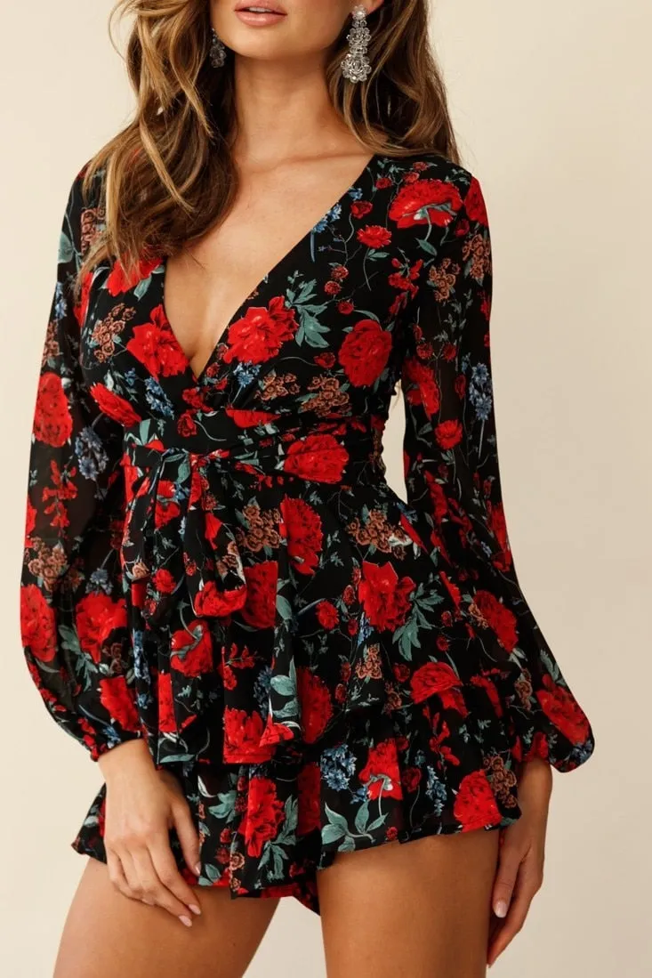 Long Sleeve Floral Print Ruffle Playsuit - multiple prints