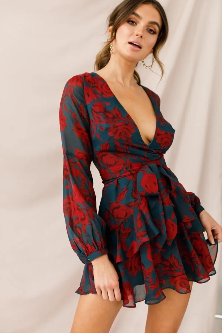Long Sleeve Floral Print Ruffle Playsuit - multiple prints