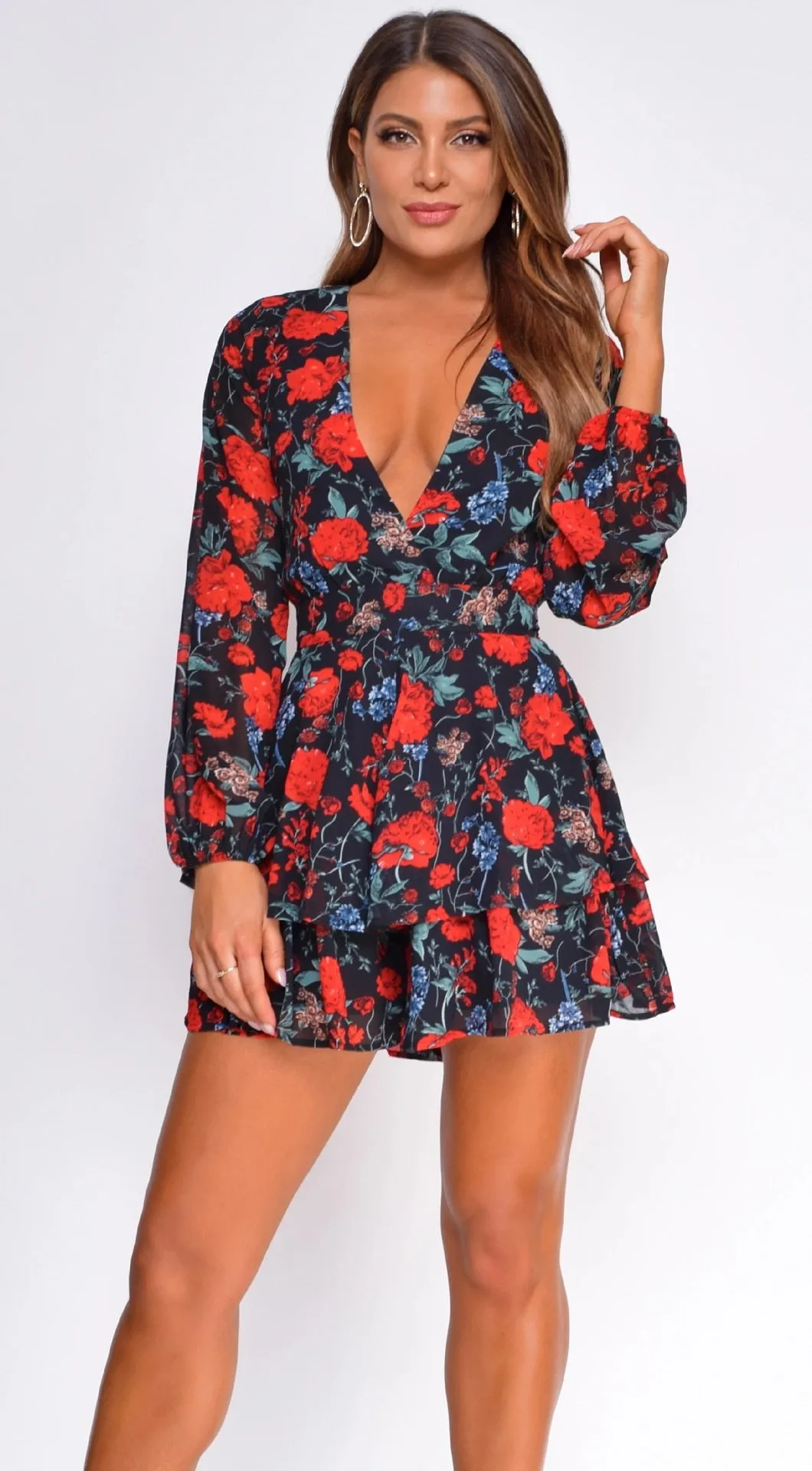 Long Sleeve Floral Print Ruffle Playsuit - multiple prints