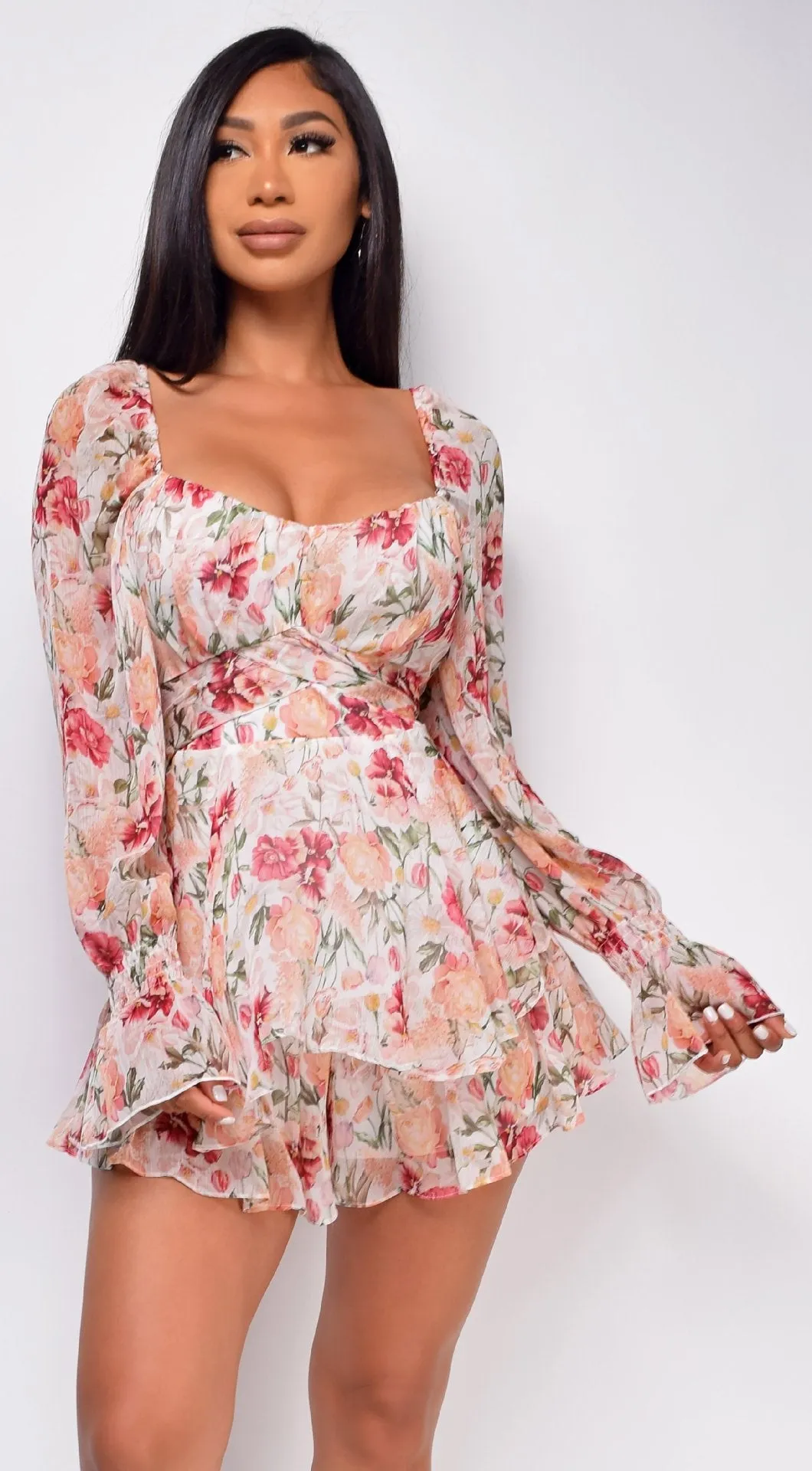 Long Sleeve Floral Print Ruffle Playsuit - multiple prints