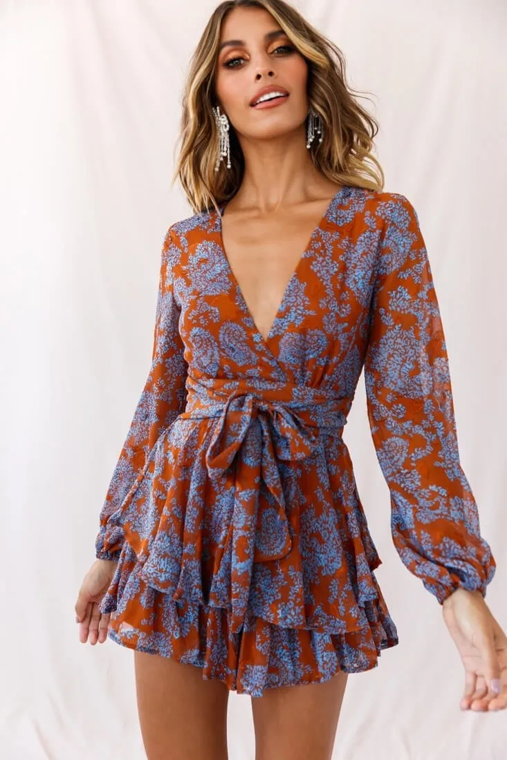 Long Sleeve Floral Print Ruffle Playsuit - multiple prints