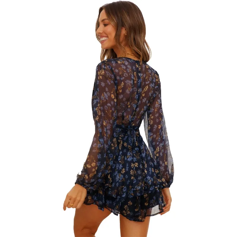 Long Sleeve Floral Print Ruffle Playsuit - multiple prints