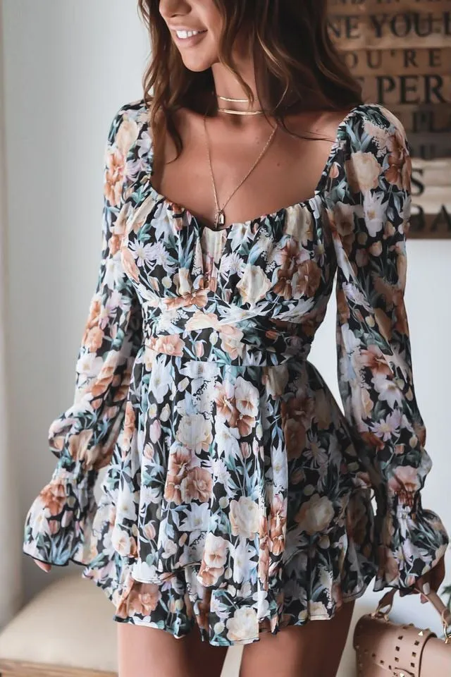 Long Sleeve Floral Print Ruffle Playsuit - multiple prints