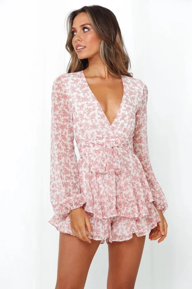 Long Sleeve Floral Print Ruffle Playsuit - multiple prints