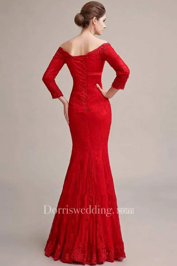 Long Sleeve Off The Shoulder Mermaid Long Lace Dress - 714846