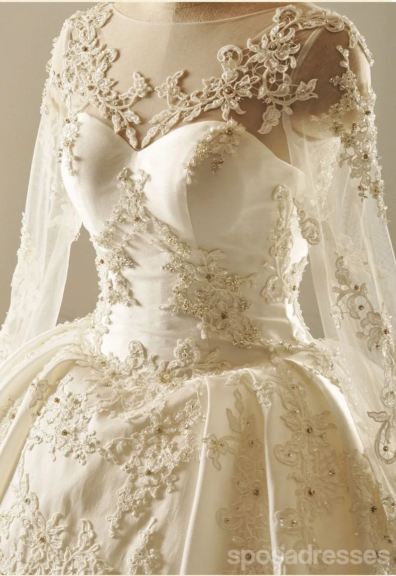 Long Sleeve V Neckline Lace Long Tail Wedding Dresses, Custom Made Wedding Dresses, Cheap Wedding Bridal Gowns, WD221