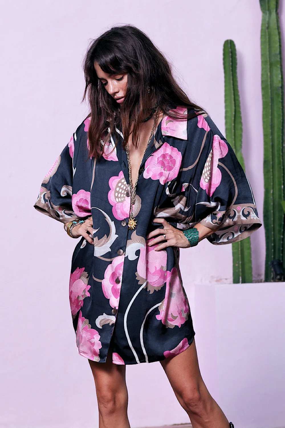 Long Way Around Satin Oversized Shirt - Black