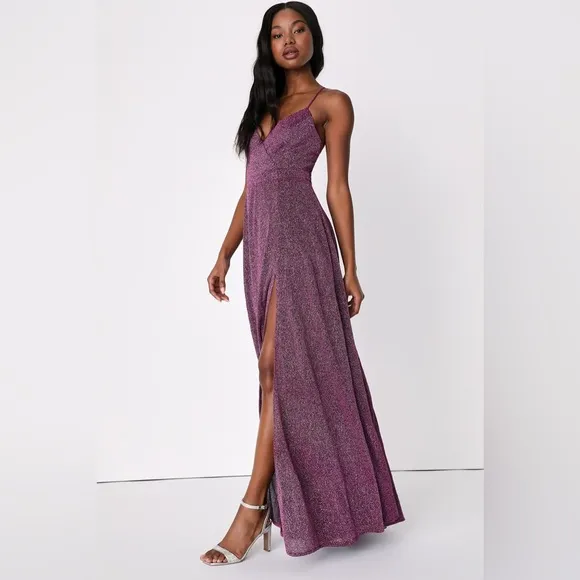 Lulu’s Truly Dazzling Magenta Purple Multi Glitter Sparkle Spaghetti Straps Gown