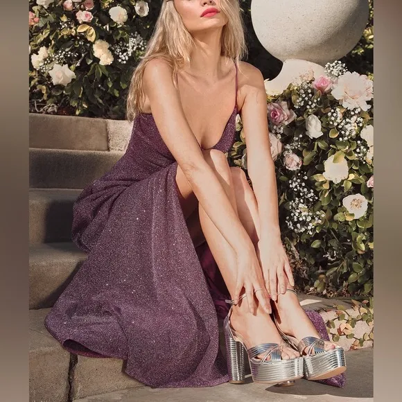 Lulu’s Truly Dazzling Magenta Purple Multi Glitter Sparkle Spaghetti Straps Gown