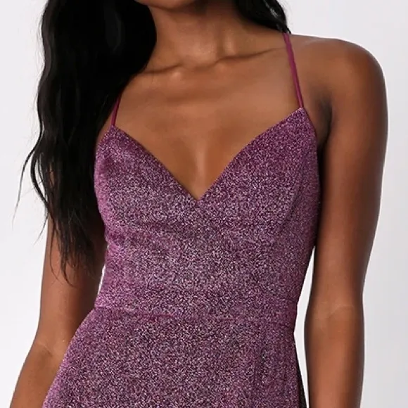 Lulu’s Truly Dazzling Magenta Purple Multi Glitter Sparkle Spaghetti Straps Gown
