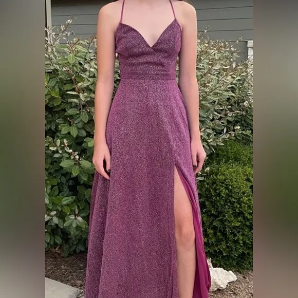 Lulu’s Truly Dazzling Magenta Purple Multi Glitter Sparkle Spaghetti Straps Gown
