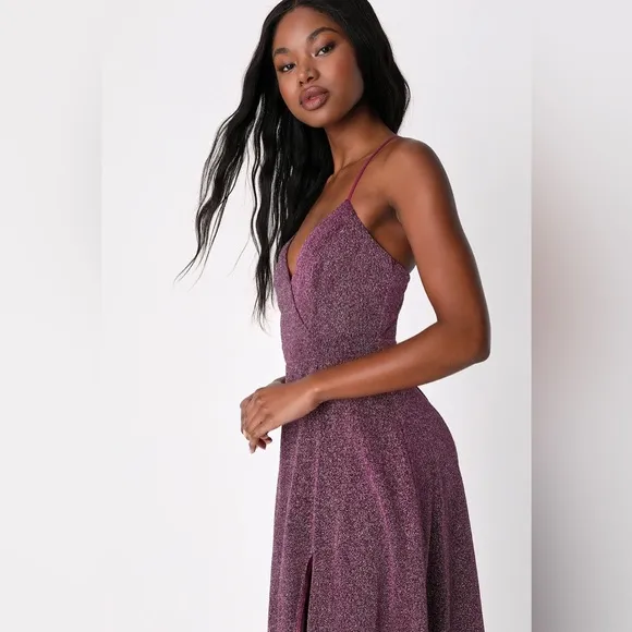 Lulu’s Truly Dazzling Magenta Purple Multi Glitter Sparkle Spaghetti Straps Gown