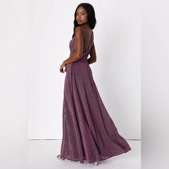 Lulu’s Truly Dazzling Magenta Purple Multi Glitter Sparkle Spaghetti Straps Gown