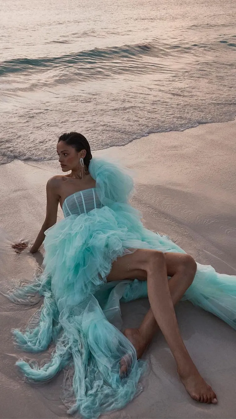 Luxurious Tulle Gown One Shoulder Slit Maxi Dresses
