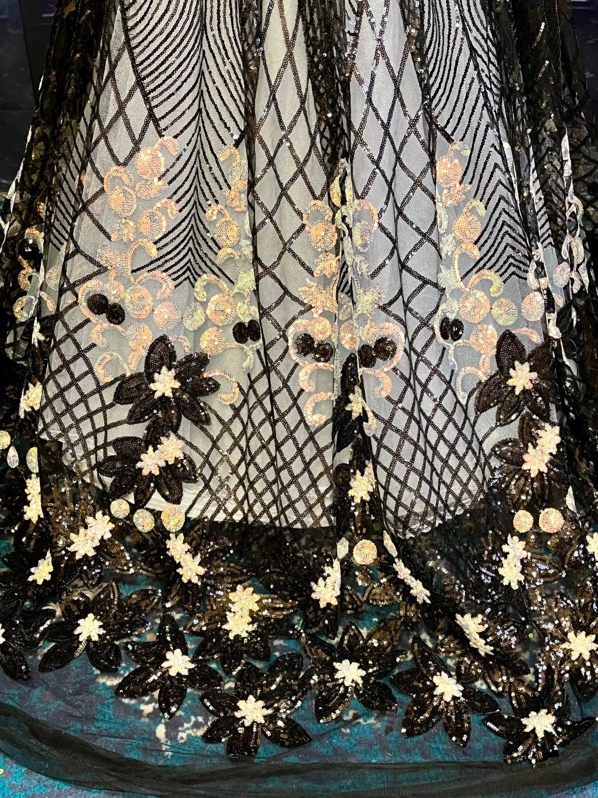 Luxury Black Sparkly Holographic Sequins Lace Fabric