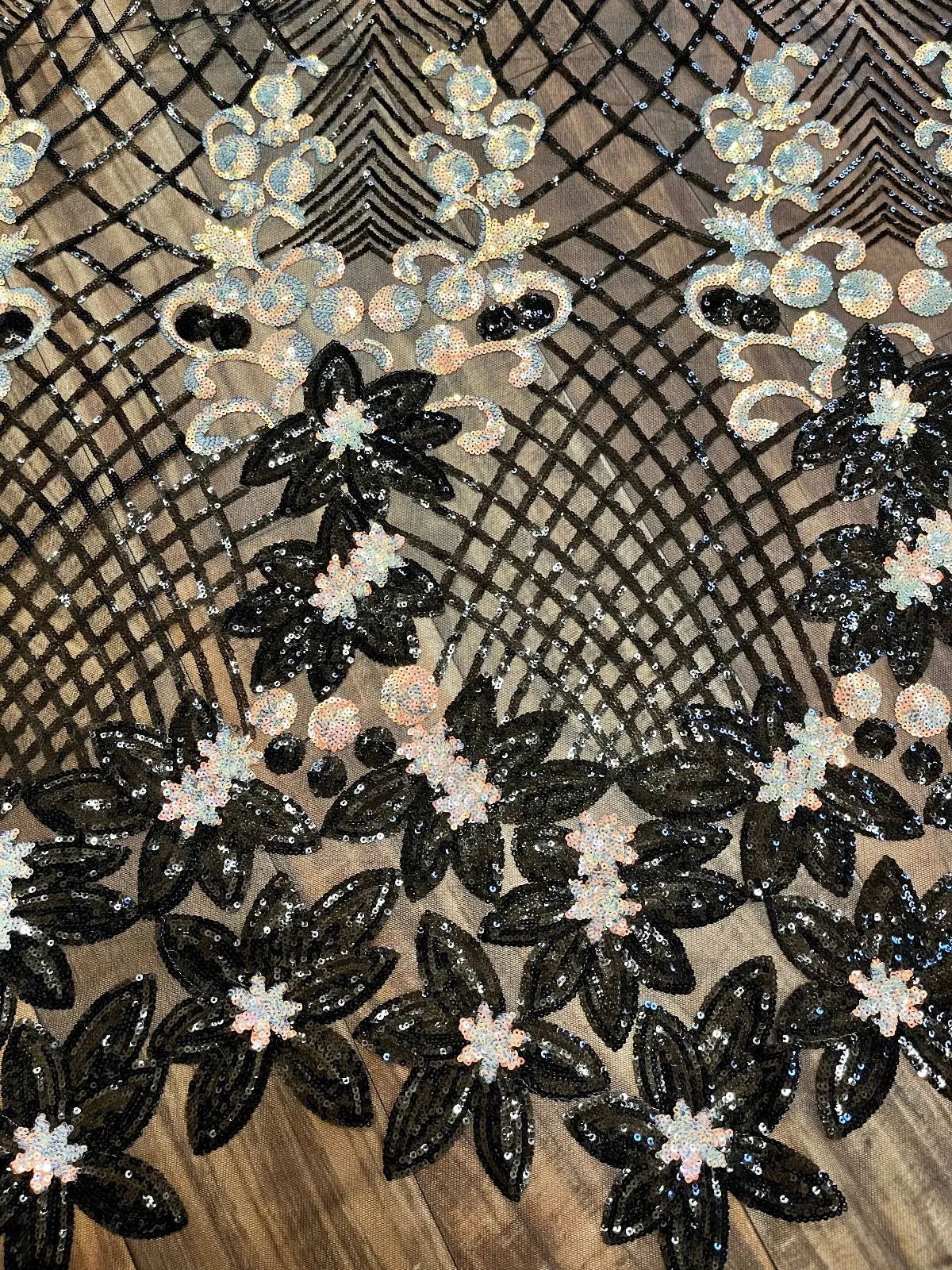 Luxury Black Sparkly Holographic Sequins Lace Fabric