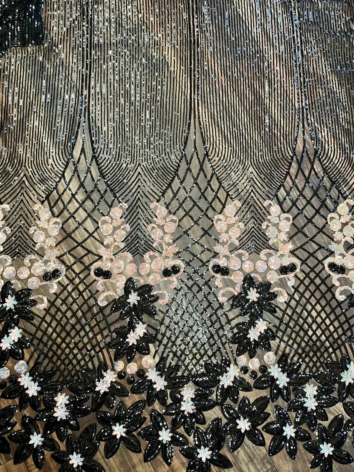 Luxury Black Sparkly Holographic Sequins Lace Fabric