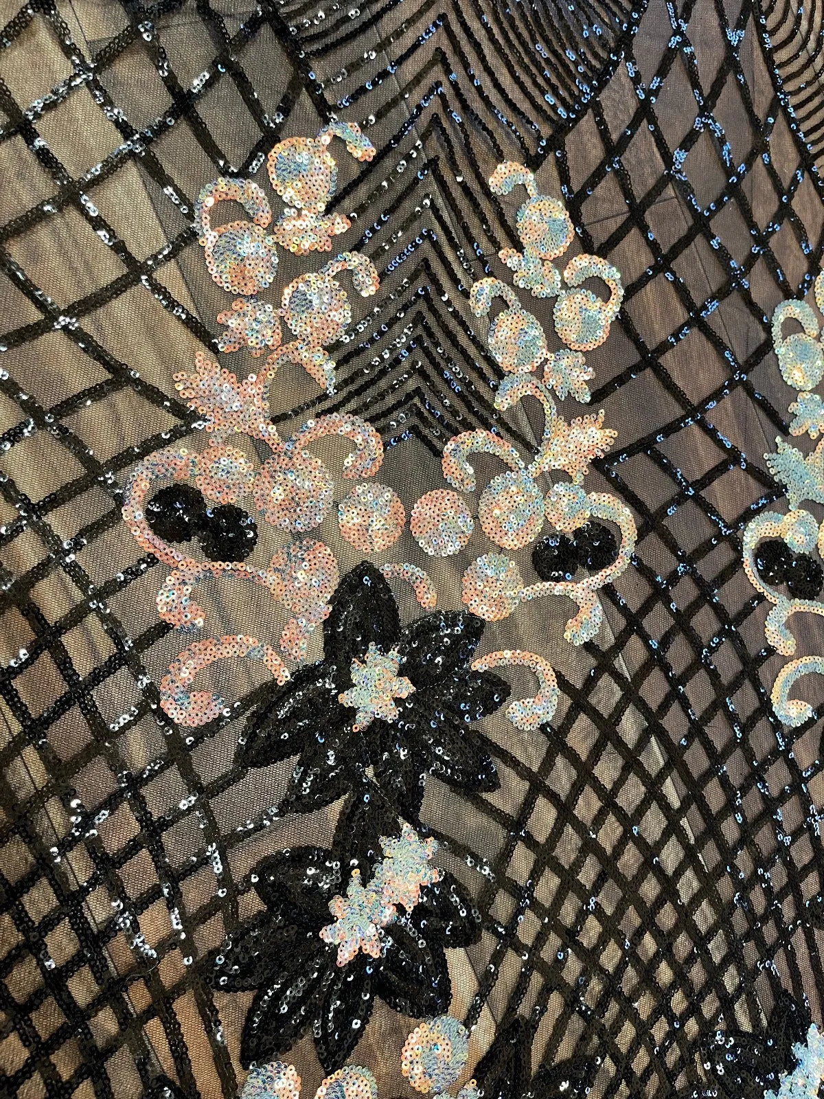 Luxury Black Sparkly Holographic Sequins Lace Fabric
