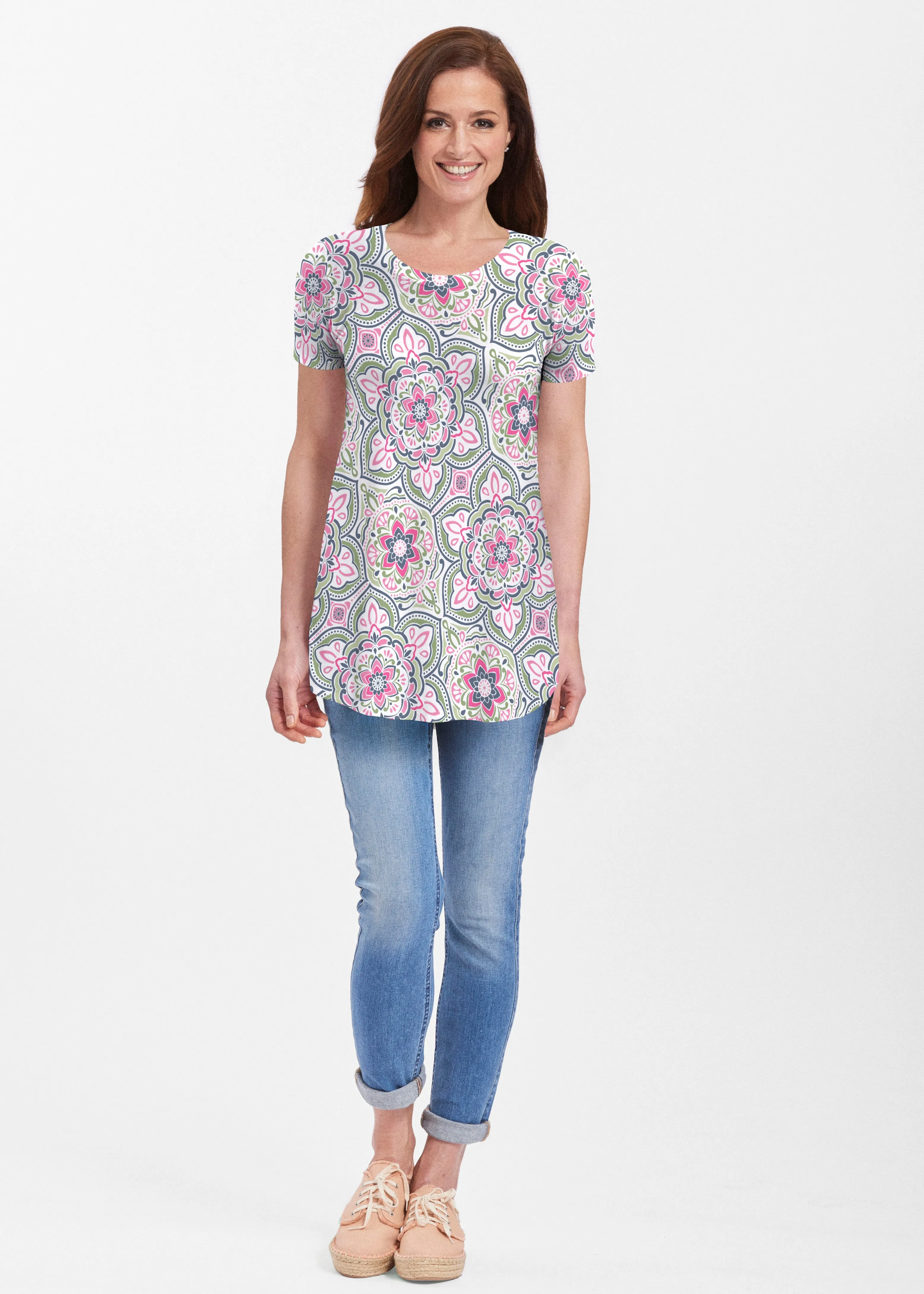 Mandala Geo Blue (13503) ~ Short Sleeve Butterknit tunic