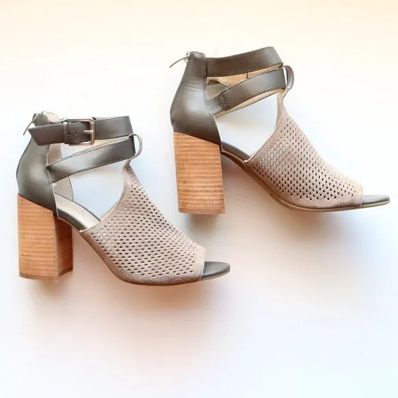 Marc Fisher Taupe Laser-cut Suede Leather Peep Toe Block Heel Ankle Strap Sandal