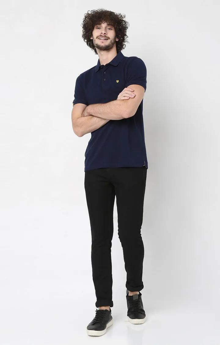 Men Premium Inkblue Cotton Regular Fit Polo T-Shirt - Underjeans By Spykar