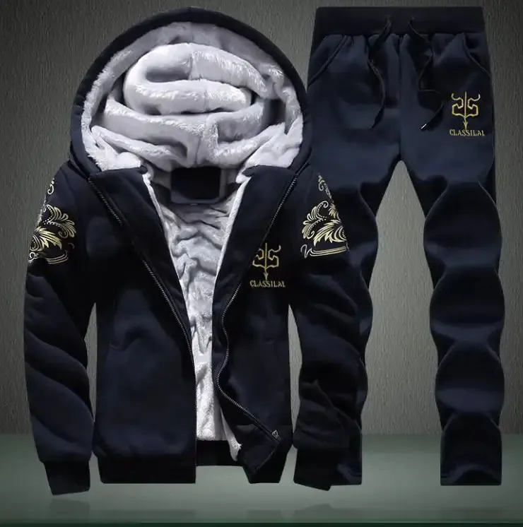 Men's sportswear set, casual cardigan jacket, thick warm outdoor sports shirt, pants, two-piece set