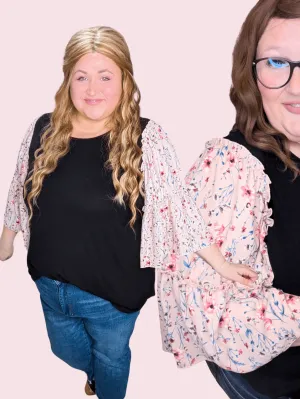 Meryl Floral Wide Sleeve Top in Black/Pink