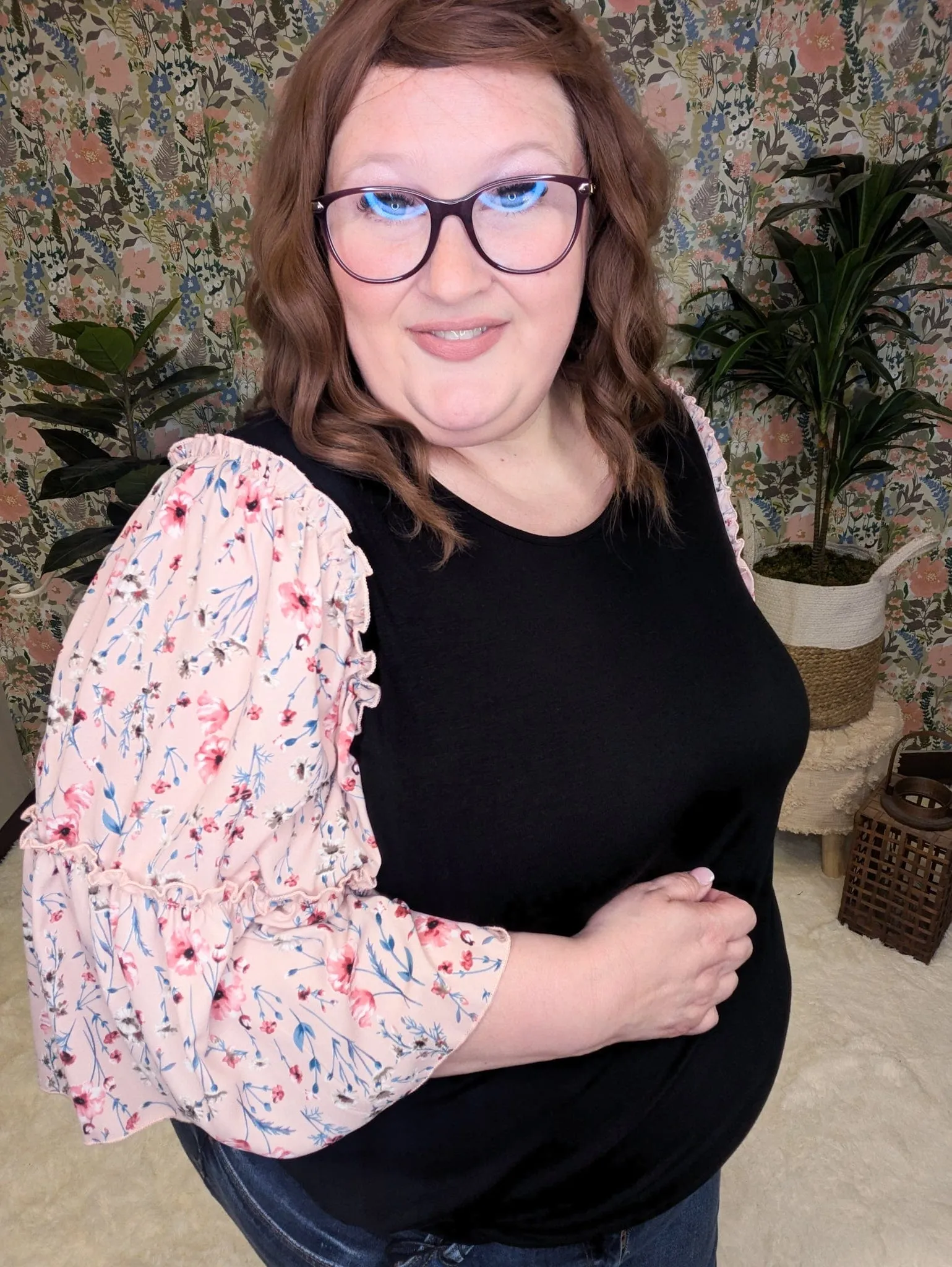 Meryl Floral Wide Sleeve Top in Black/Pink
