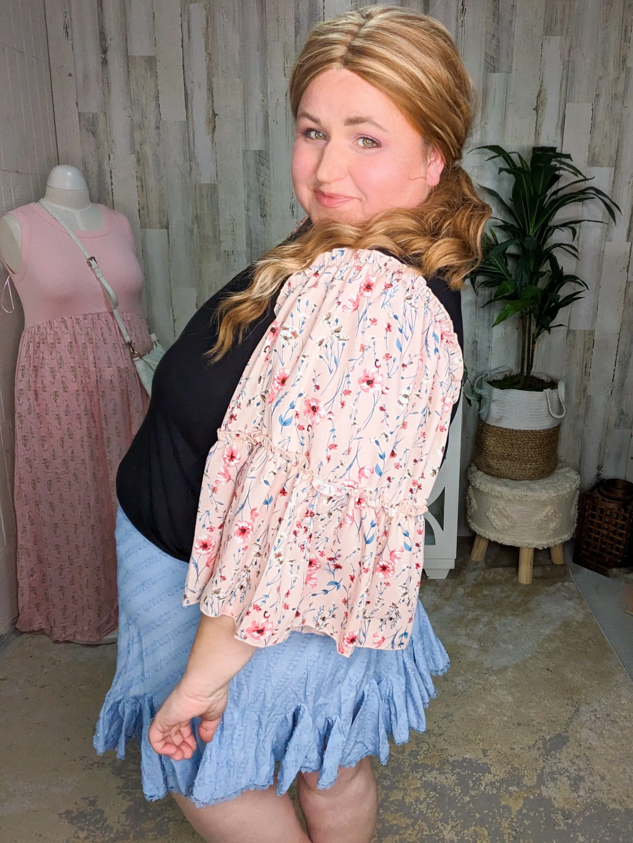 Meryl Floral Wide Sleeve Top in Black/Pink