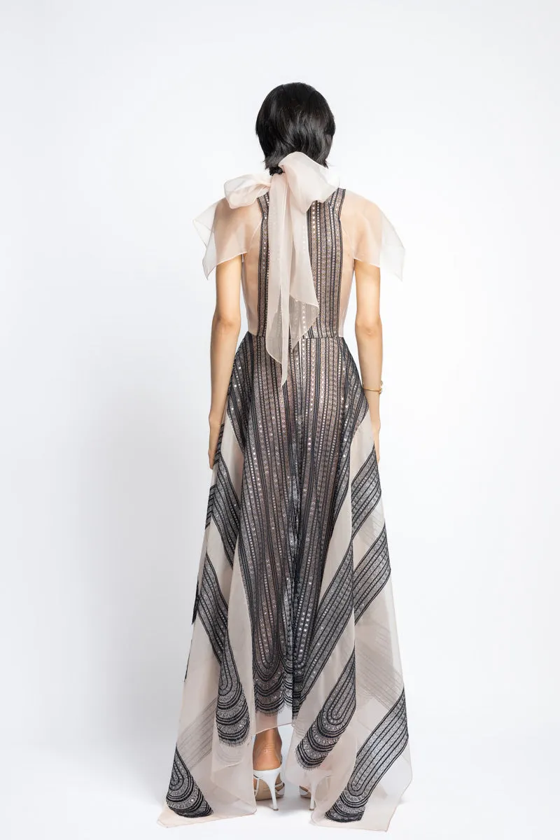 Metallic Nailhead Lace and Organza Dress With Bow