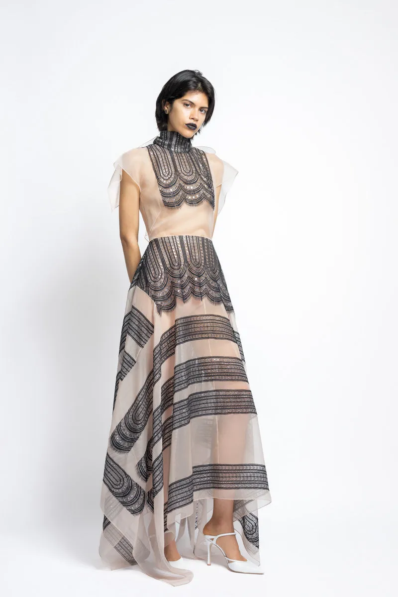 Metallic Nailhead Lace and Organza Dress With Bow