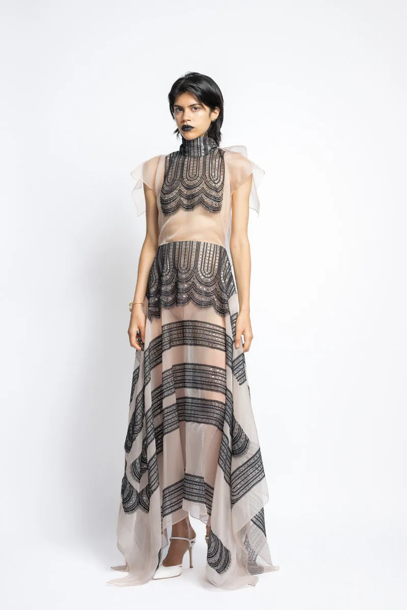 Metallic Nailhead Lace and Organza Dress With Bow