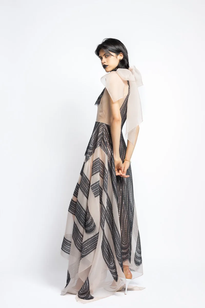 Metallic Nailhead Lace and Organza Dress With Bow