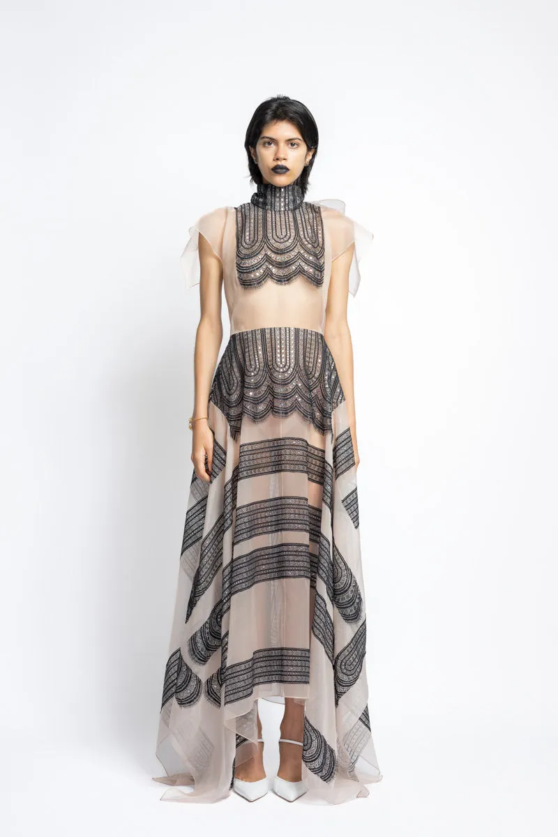 Metallic Nailhead Lace and Organza Dress With Bow