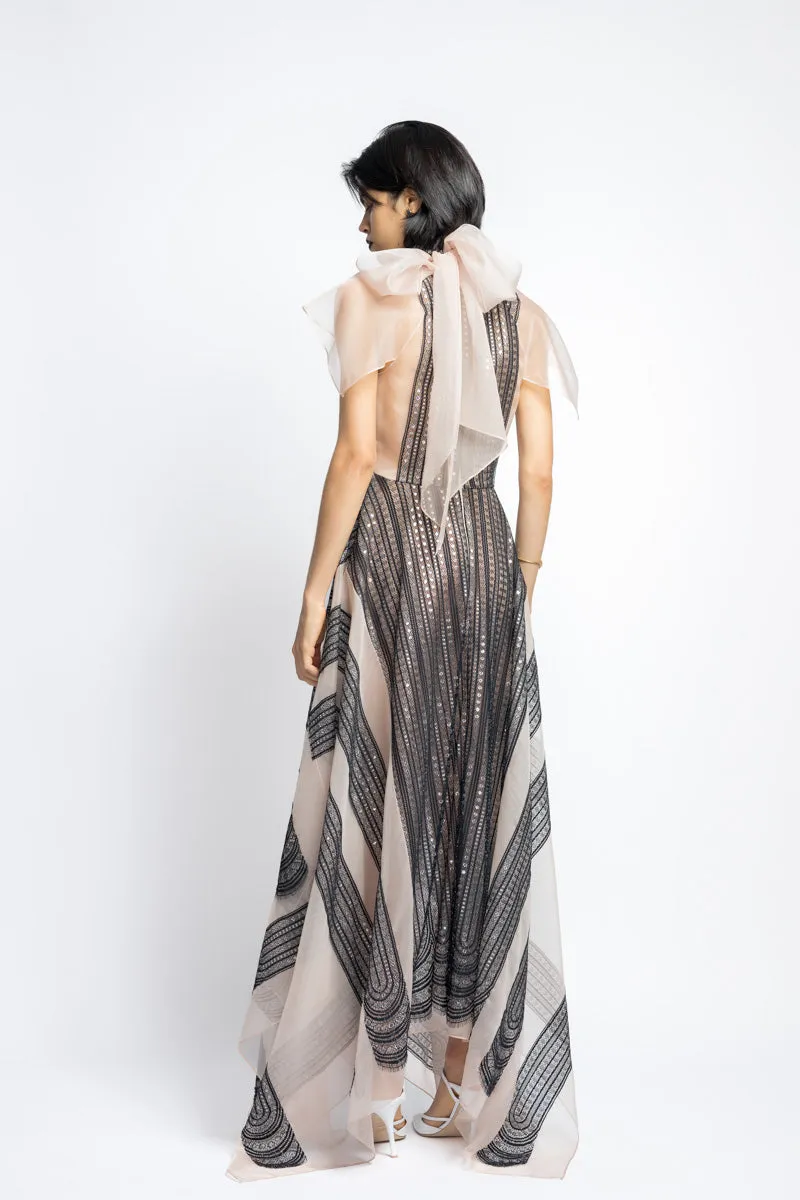 Metallic Nailhead Lace and Organza Dress With Bow