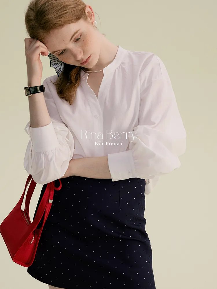 Minimal Band-Collar Blouse & Dot Mini Skirt