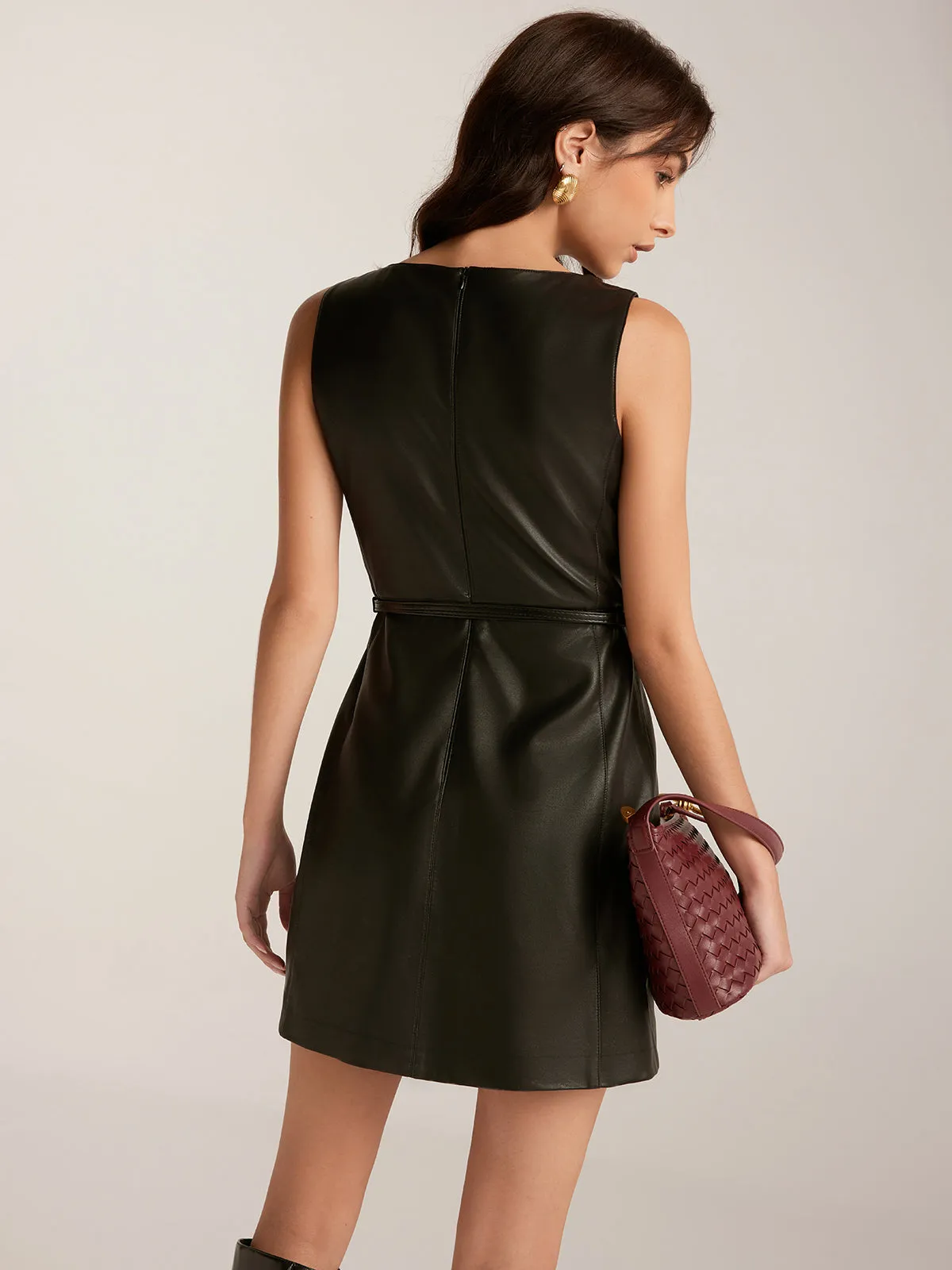 Minimalist Belted Faux Leather Tank Dress