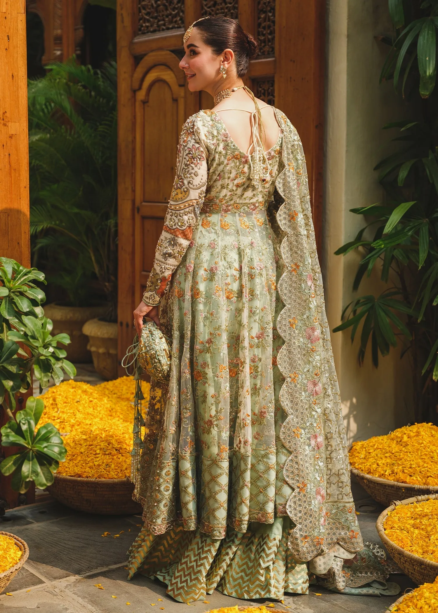 Mint Green Embroidered Pakistani Wedding Dress Pishwas Sharara Style