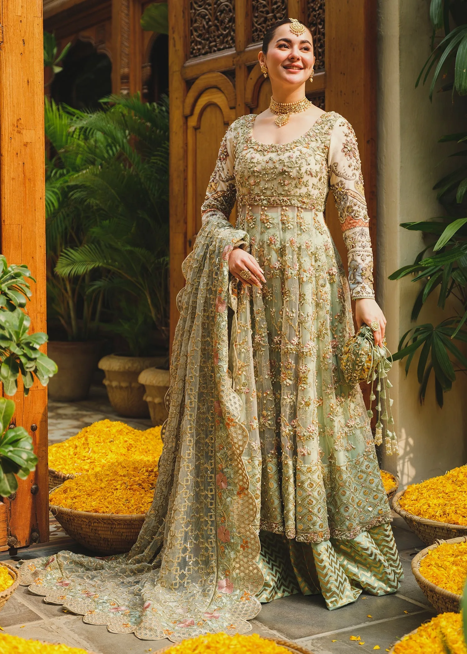 Mint Green Embroidered Pakistani Wedding Dress Pishwas Sharara Style