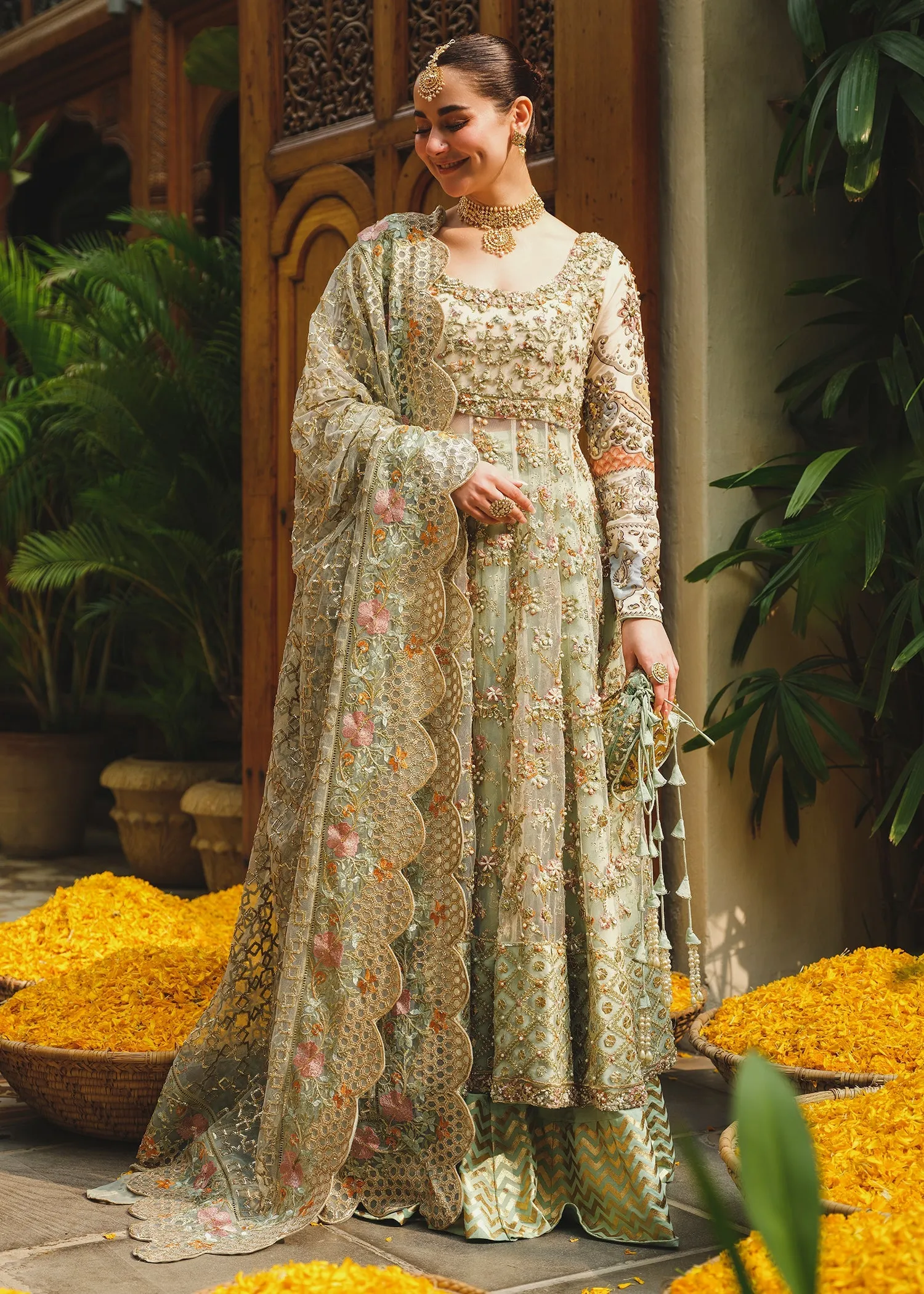 Mint Green Embroidered Pakistani Wedding Dress Pishwas Sharara Style