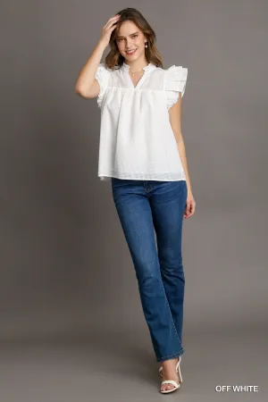 Molly Layered Ruffle Sleeve Split Neck Top with Ruffle Hem Neckline In Off white