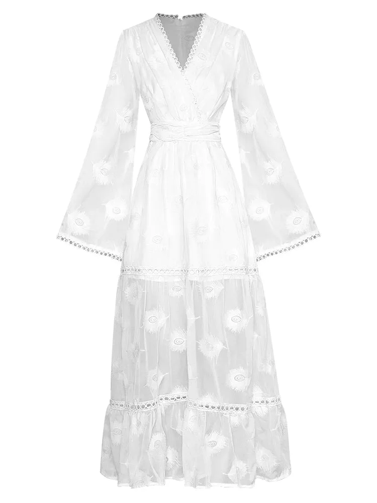 Monique V-neck Flared sleeves High waist Embroidery Long Pink Party Dress